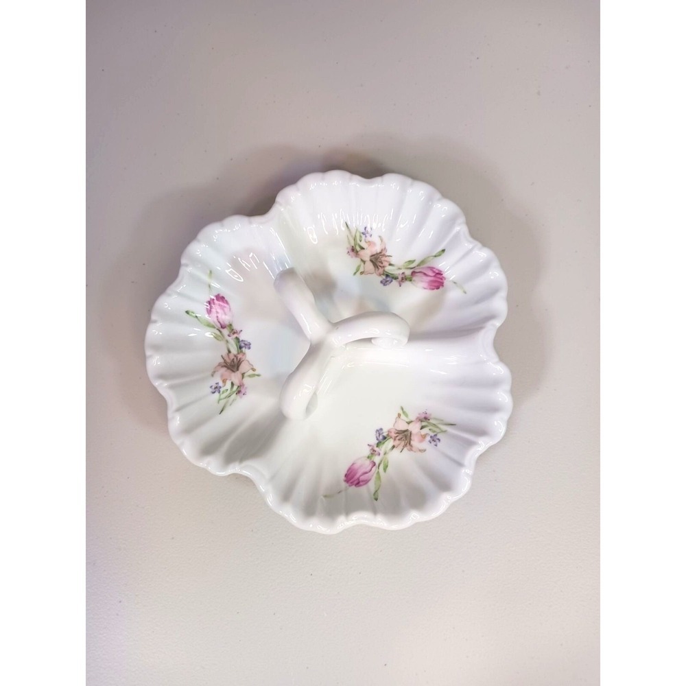 Vintage Porcelain Candy Dish Floral Ring Handle Trinket Vanity Bowl Shabby Chic